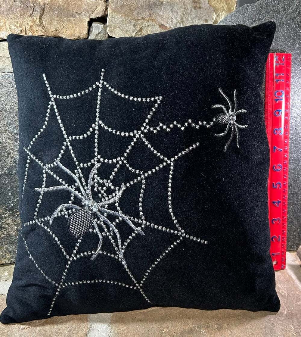 Spider Web Pillow black with jeweled spiders and sparkling webs fun !